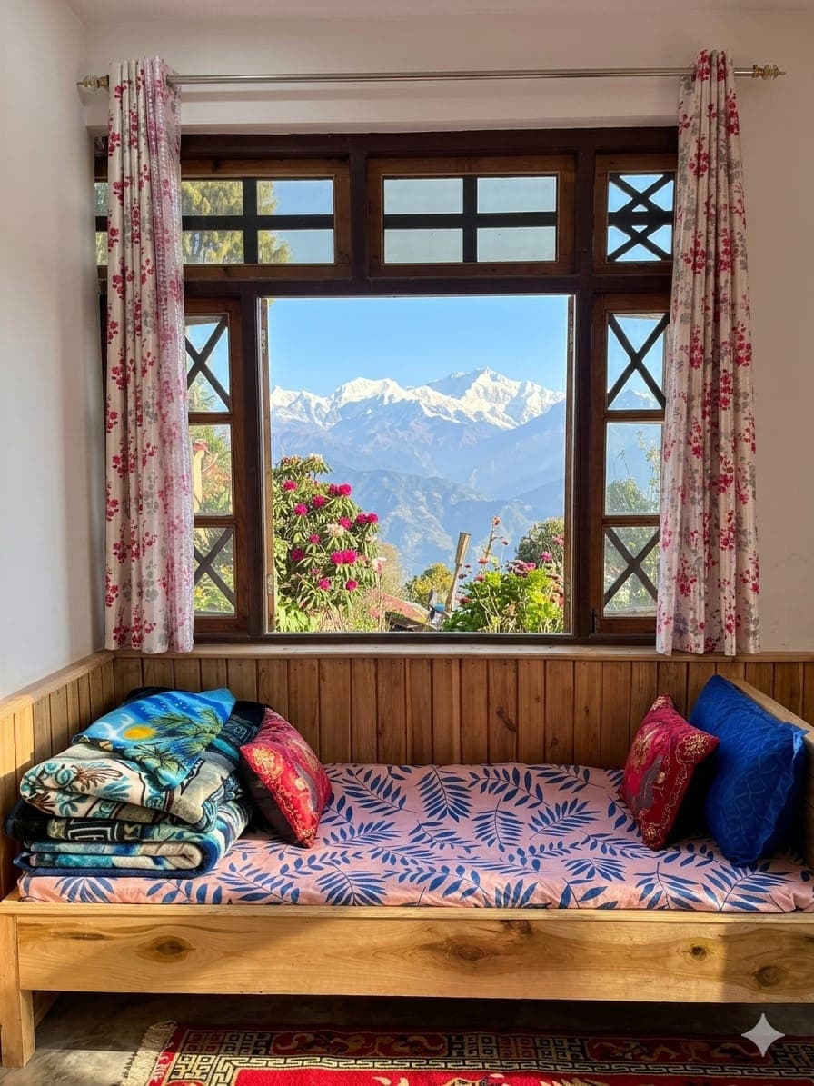Snow-capped Kanchenjunga framed by a window
